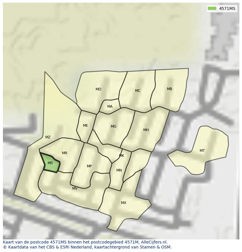 Afbeelding van het postcodegebied 4571 MS op de kaart.