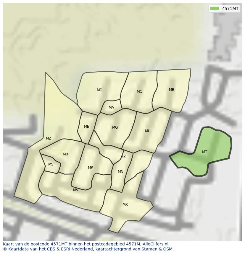 Afbeelding van het postcodegebied 4571 MT op de kaart.
