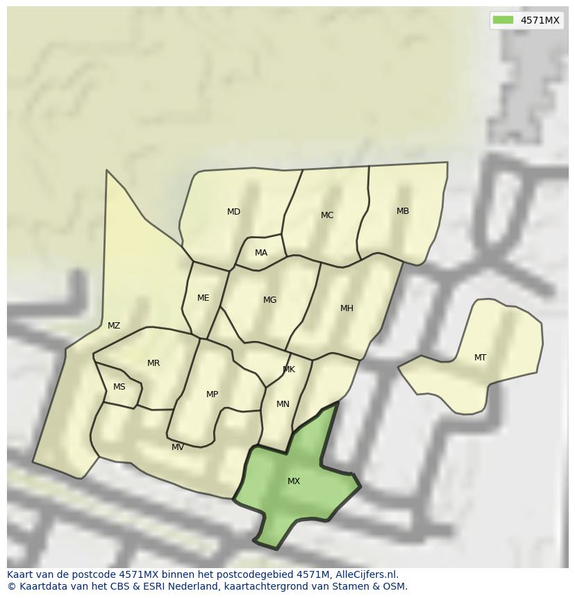 Afbeelding van het postcodegebied 4571 MX op de kaart.