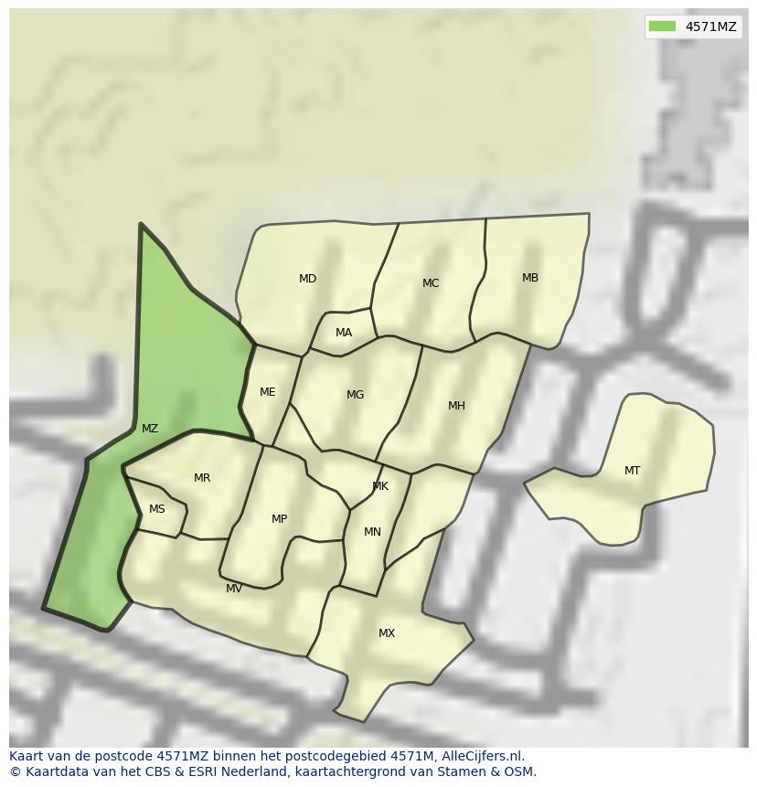 Afbeelding van het postcodegebied 4571 MZ op de kaart.