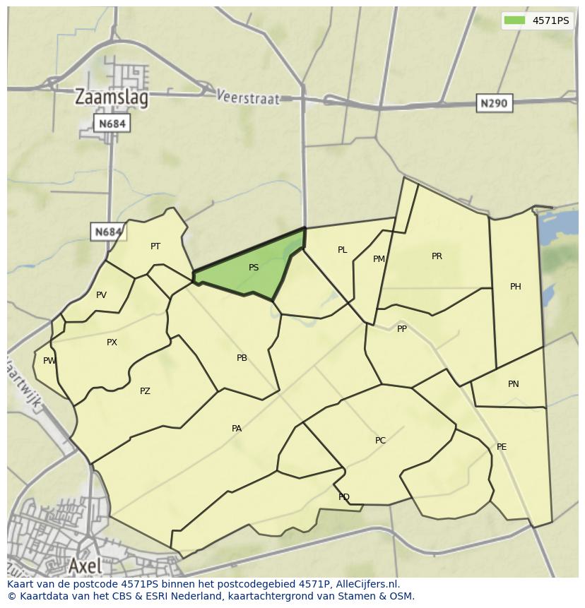 Afbeelding van het postcodegebied 4571 PS op de kaart.