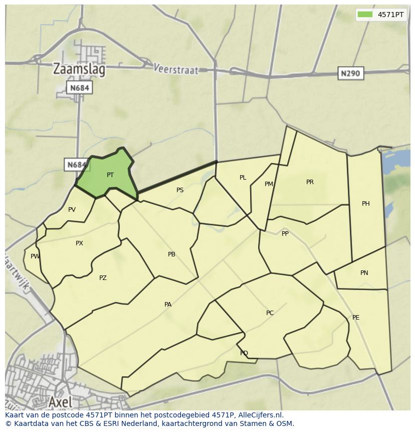 Afbeelding van het postcodegebied 4571 PT op de kaart.