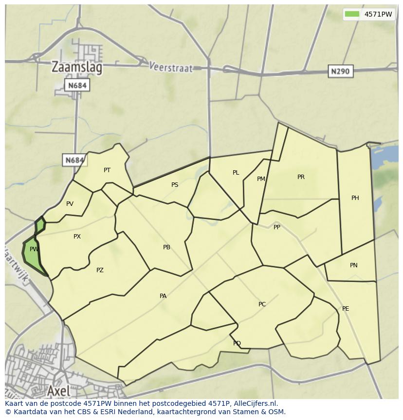 Afbeelding van het postcodegebied 4571 PW op de kaart.