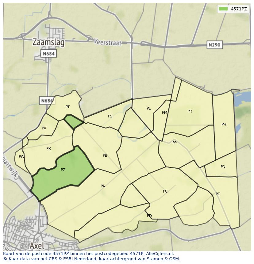 Afbeelding van het postcodegebied 4571 PZ op de kaart.