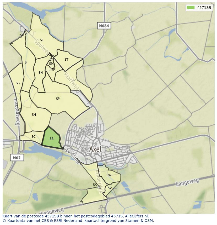 Afbeelding van het postcodegebied 4571 SB op de kaart.