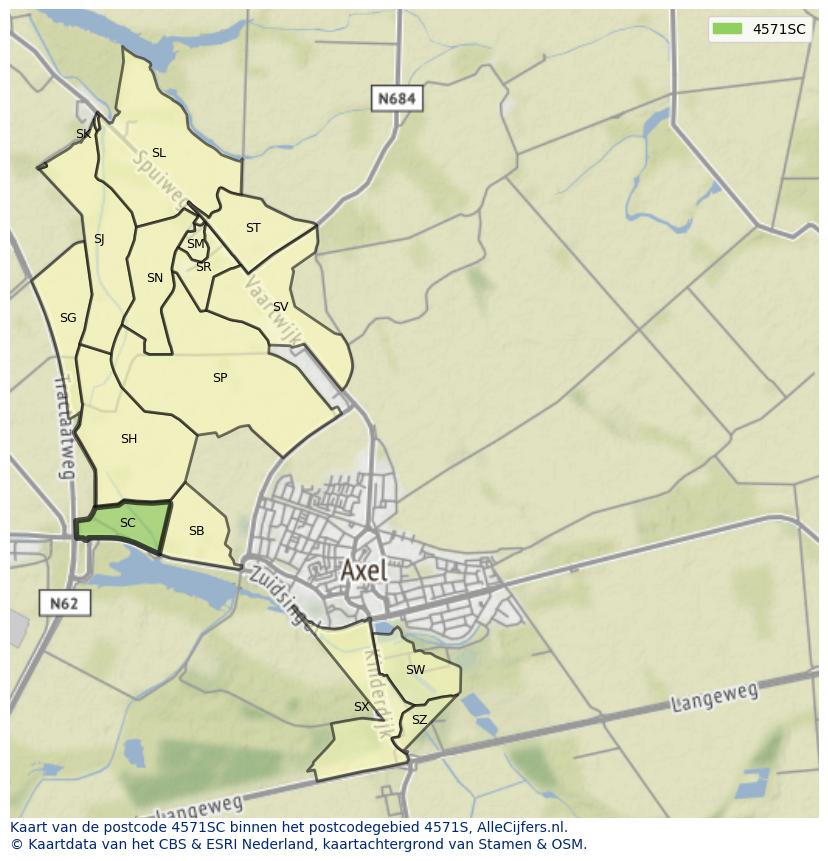 Afbeelding van het postcodegebied 4571 SC op de kaart.