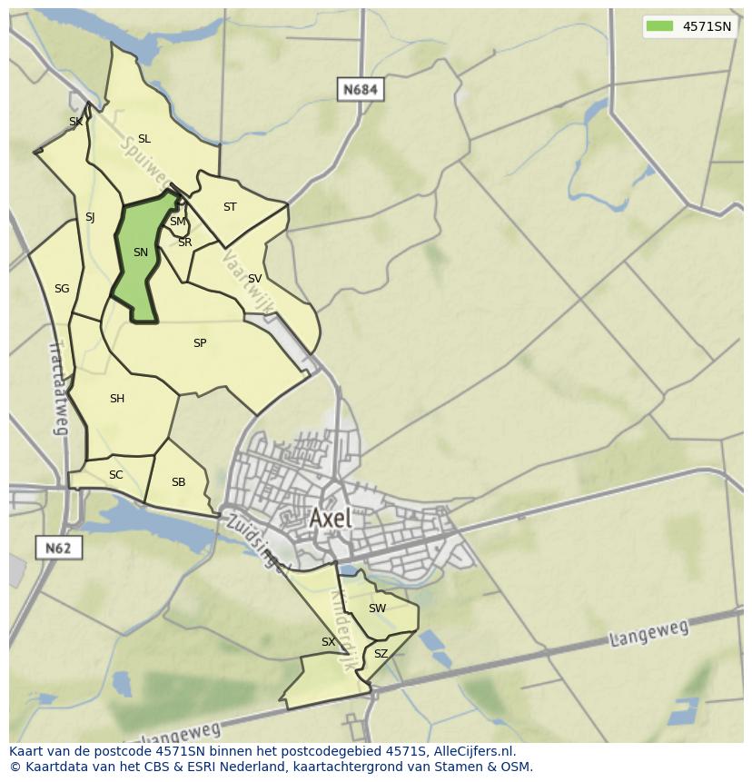 Afbeelding van het postcodegebied 4571 SN op de kaart.