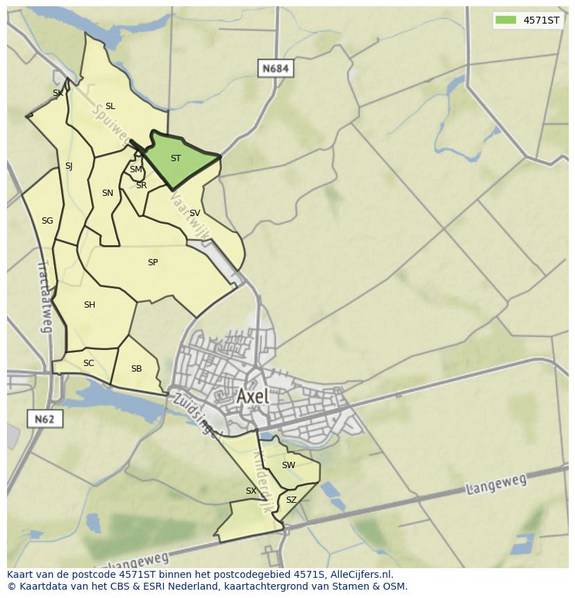 Afbeelding van het postcodegebied 4571 ST op de kaart.