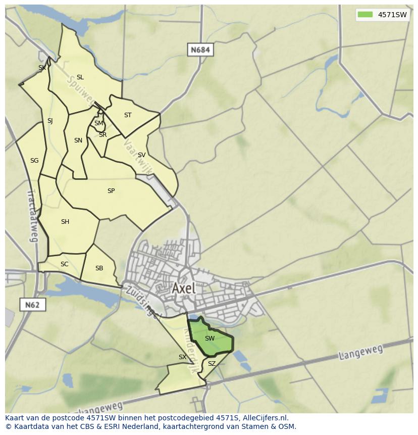 Afbeelding van het postcodegebied 4571 SW op de kaart.