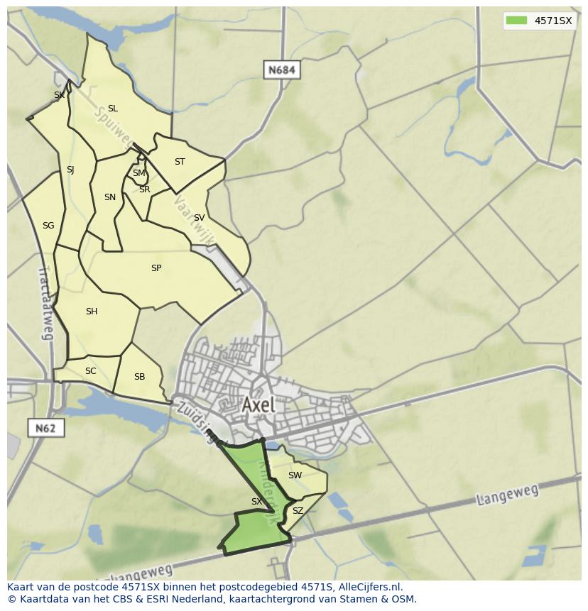 Afbeelding van het postcodegebied 4571 SX op de kaart.