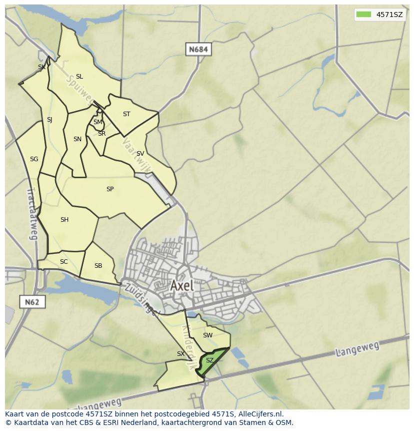 Afbeelding van het postcodegebied 4571 SZ op de kaart.