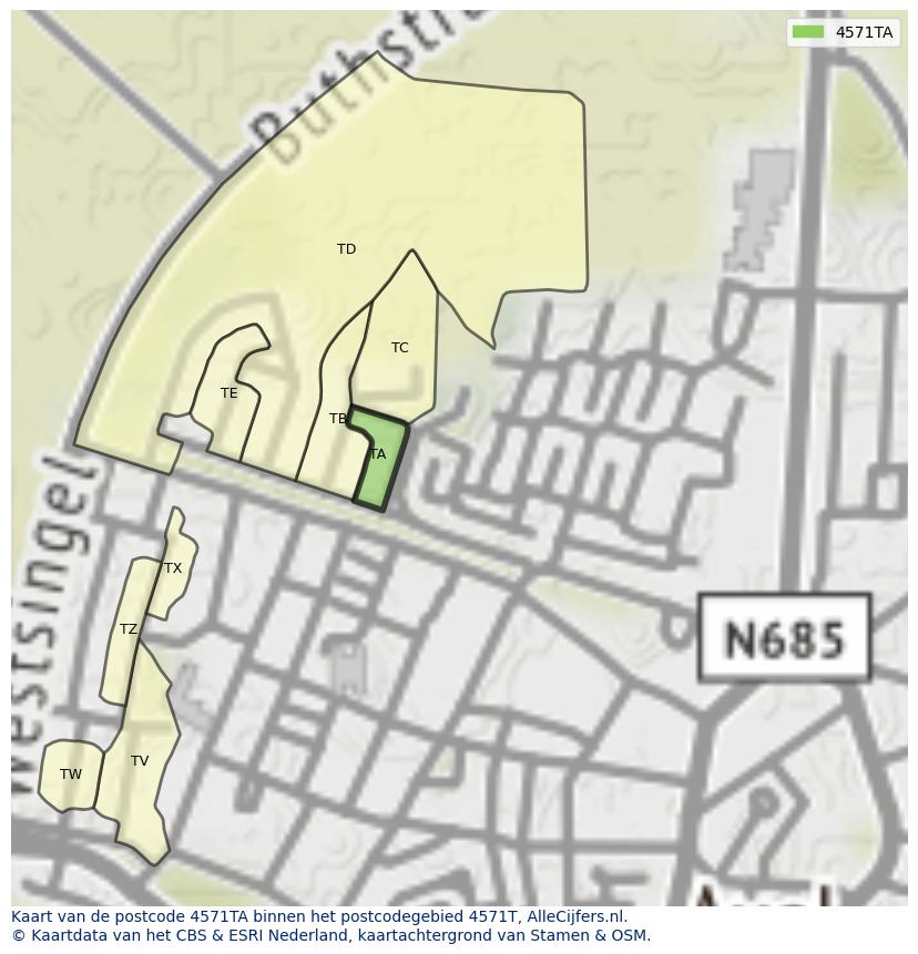 Afbeelding van het postcodegebied 4571 TA op de kaart.