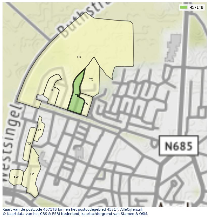 Afbeelding van het postcodegebied 4571 TB op de kaart.