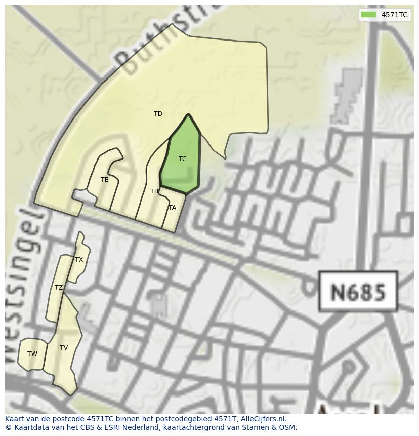 Afbeelding van het postcodegebied 4571 TC op de kaart.