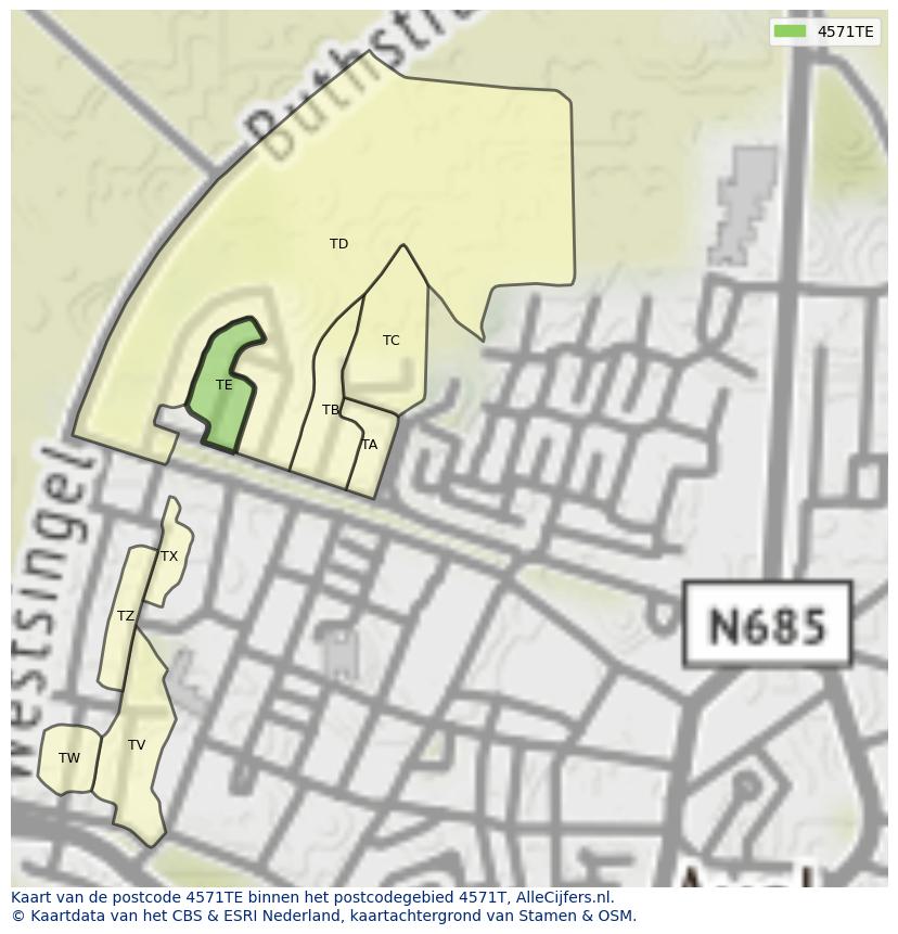 Afbeelding van het postcodegebied 4571 TE op de kaart.