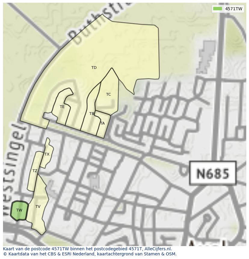 Afbeelding van het postcodegebied 4571 TW op de kaart.