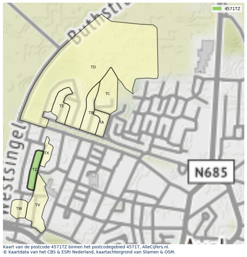 Afbeelding van het postcodegebied 4571 TZ op de kaart.