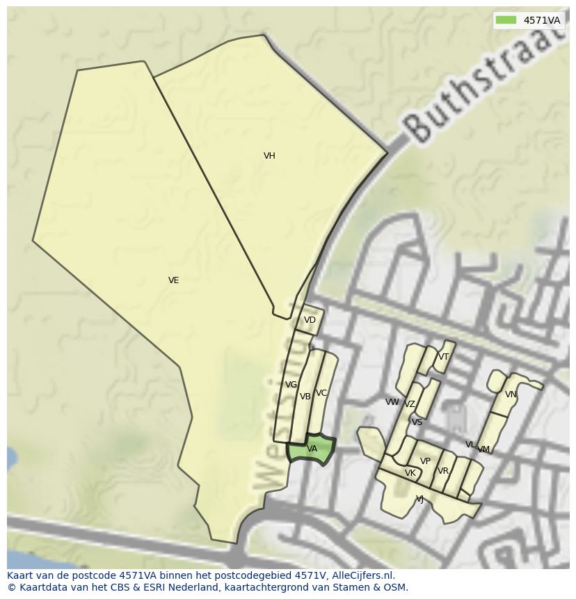 Afbeelding van het postcodegebied 4571 VA op de kaart.