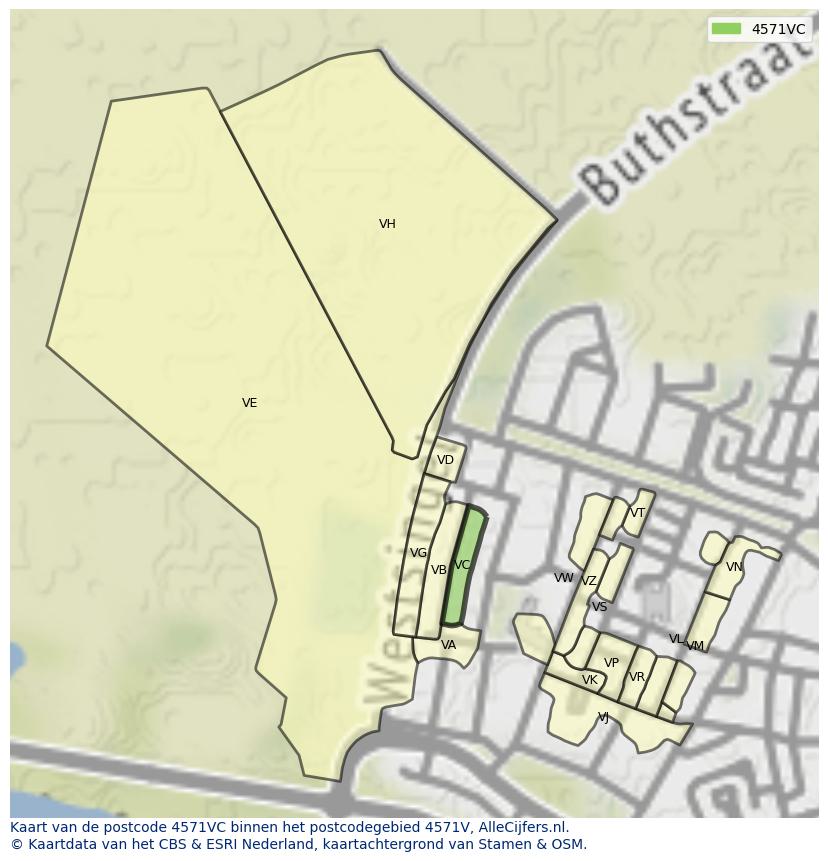 Afbeelding van het postcodegebied 4571 VC op de kaart.