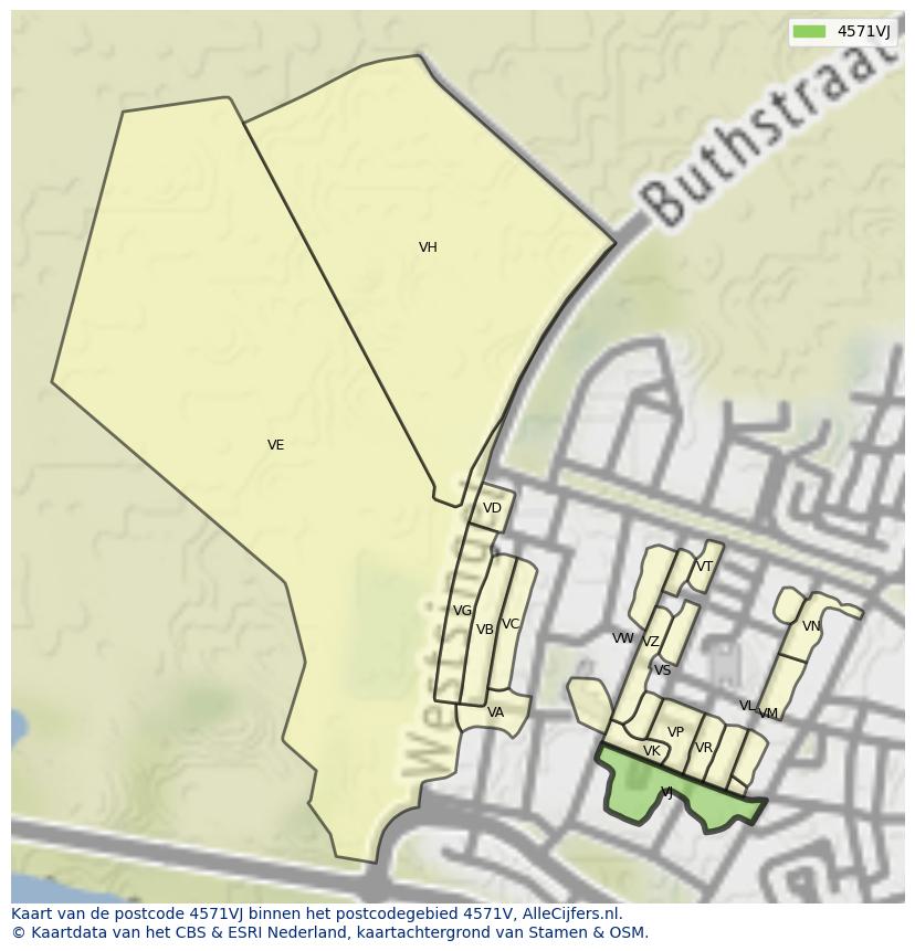 Afbeelding van het postcodegebied 4571 VJ op de kaart.
