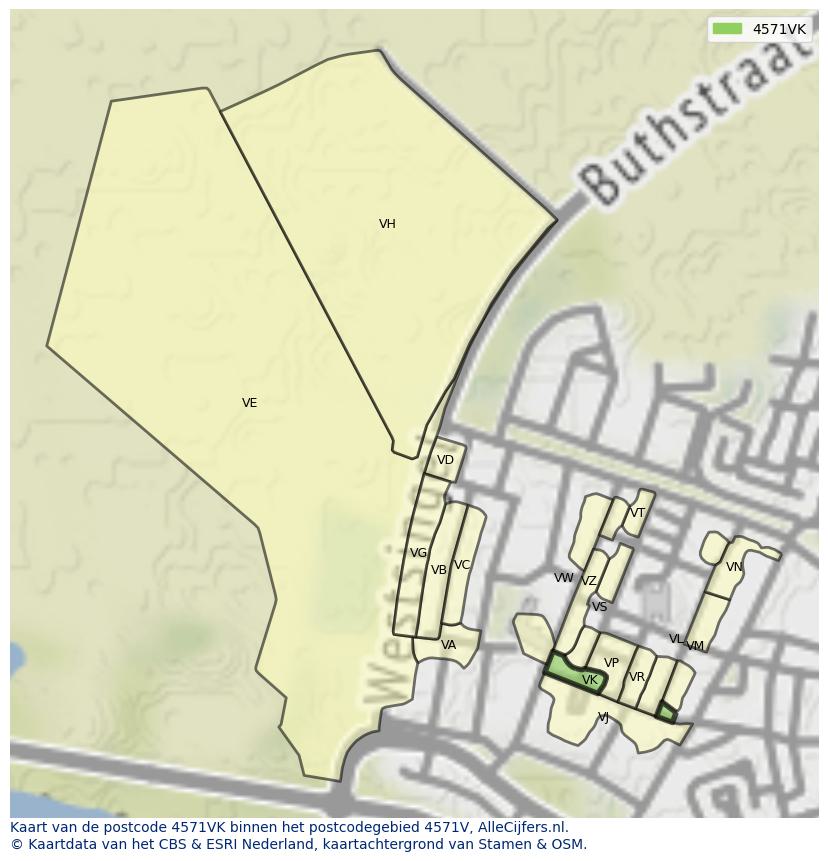 Afbeelding van het postcodegebied 4571 VK op de kaart.