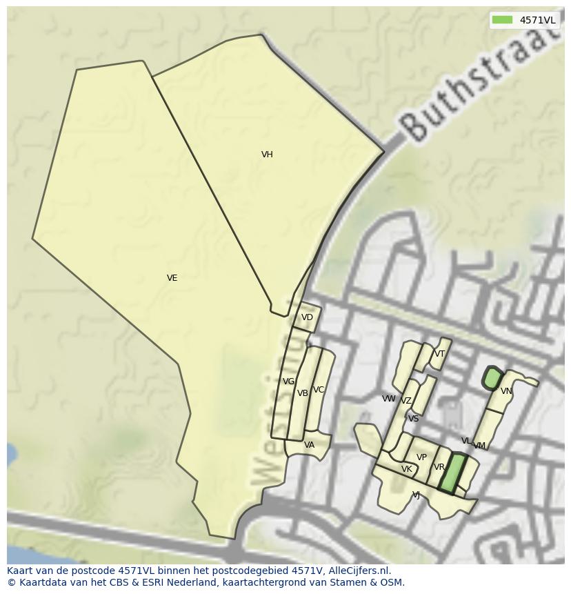 Afbeelding van het postcodegebied 4571 VL op de kaart.