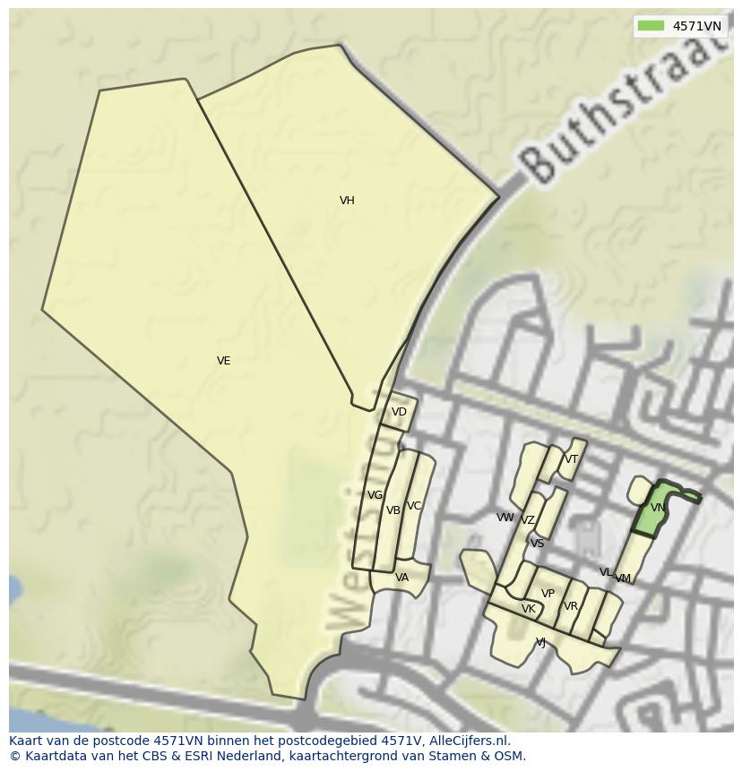 Afbeelding van het postcodegebied 4571 VN op de kaart.
