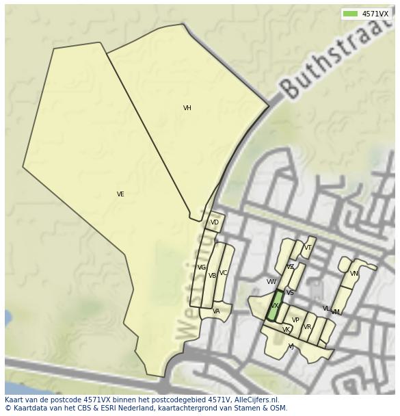Afbeelding van het postcodegebied 4571 VX op de kaart.