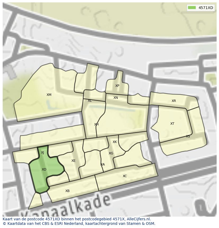 Afbeelding van het postcodegebied 4571 XD op de kaart.