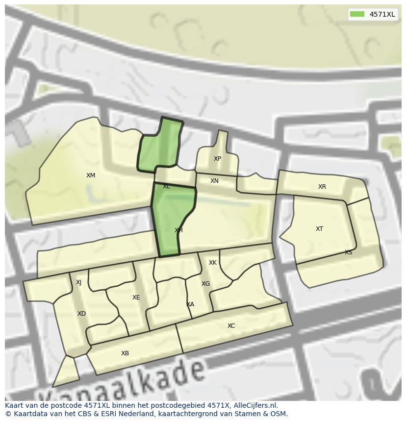 Afbeelding van het postcodegebied 4571 XL op de kaart.