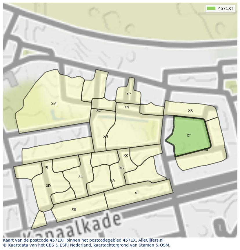 Afbeelding van het postcodegebied 4571 XT op de kaart.