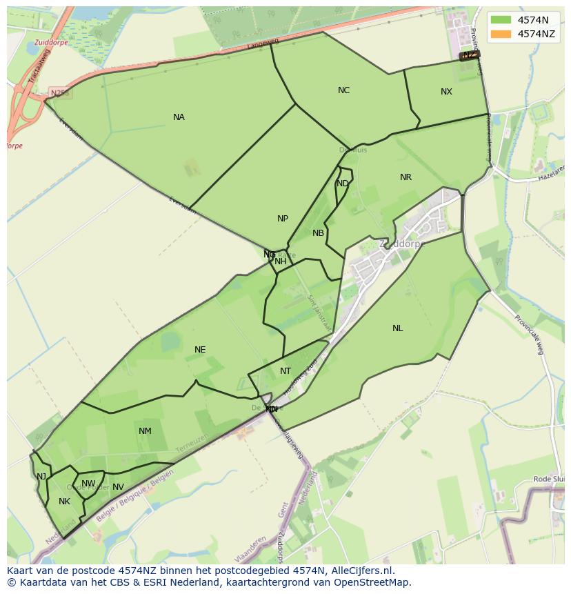 Afbeelding van het postcodegebied 4574 NZ op de kaart.