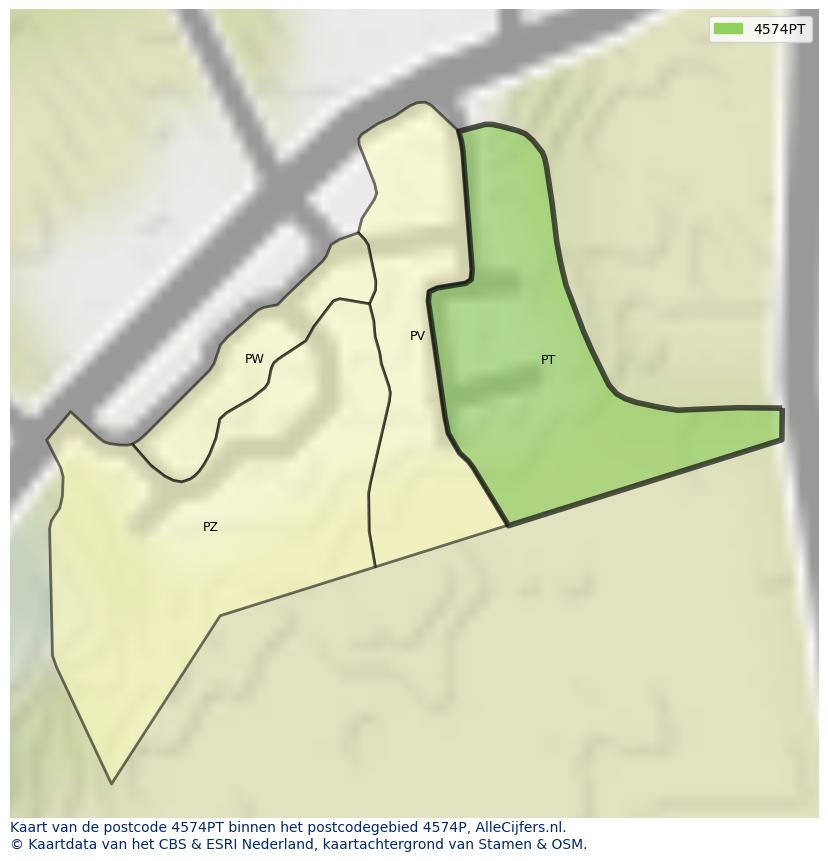 Afbeelding van het postcodegebied 4574 PT op de kaart.