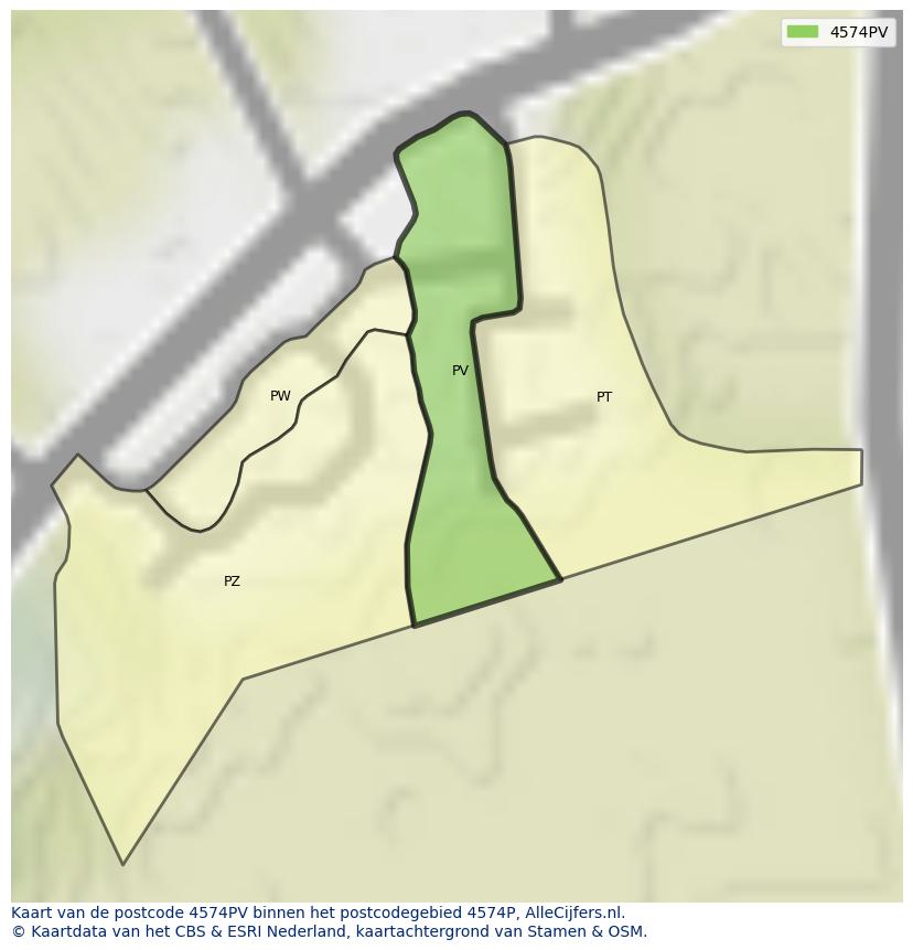 Afbeelding van het postcodegebied 4574 PV op de kaart.