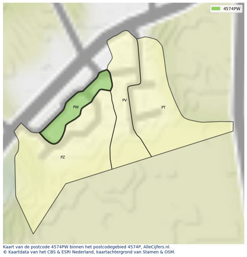 Afbeelding van het postcodegebied 4574 PW op de kaart.