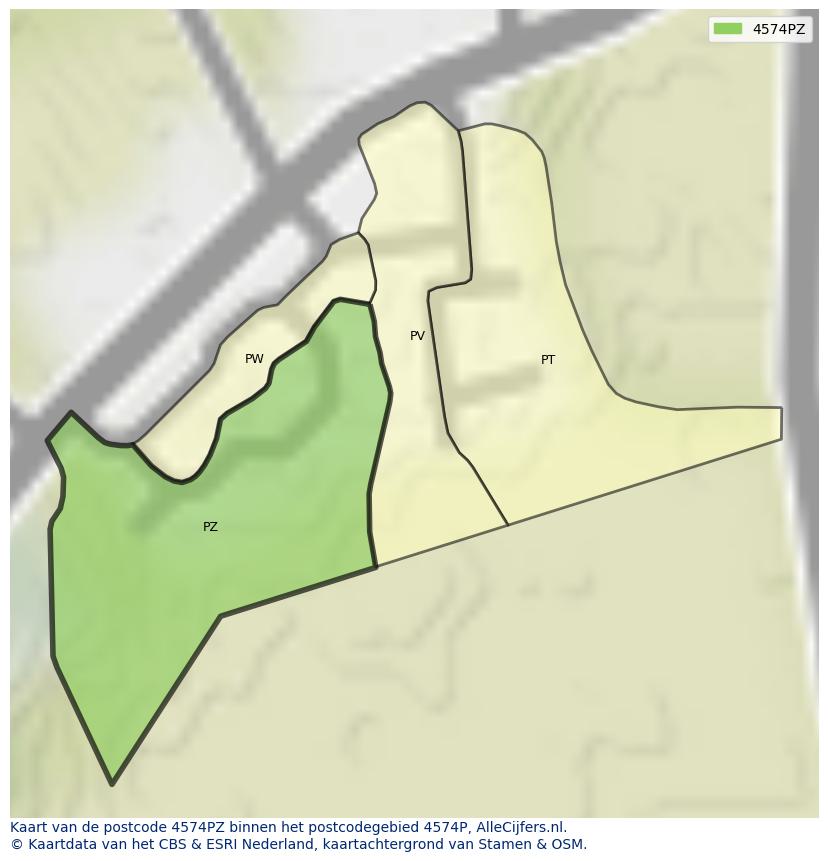 Afbeelding van het postcodegebied 4574 PZ op de kaart.