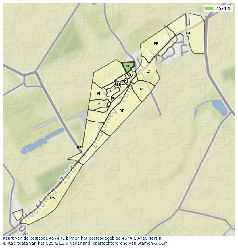 Afbeelding van het postcodegebied 4574 RE op de kaart.