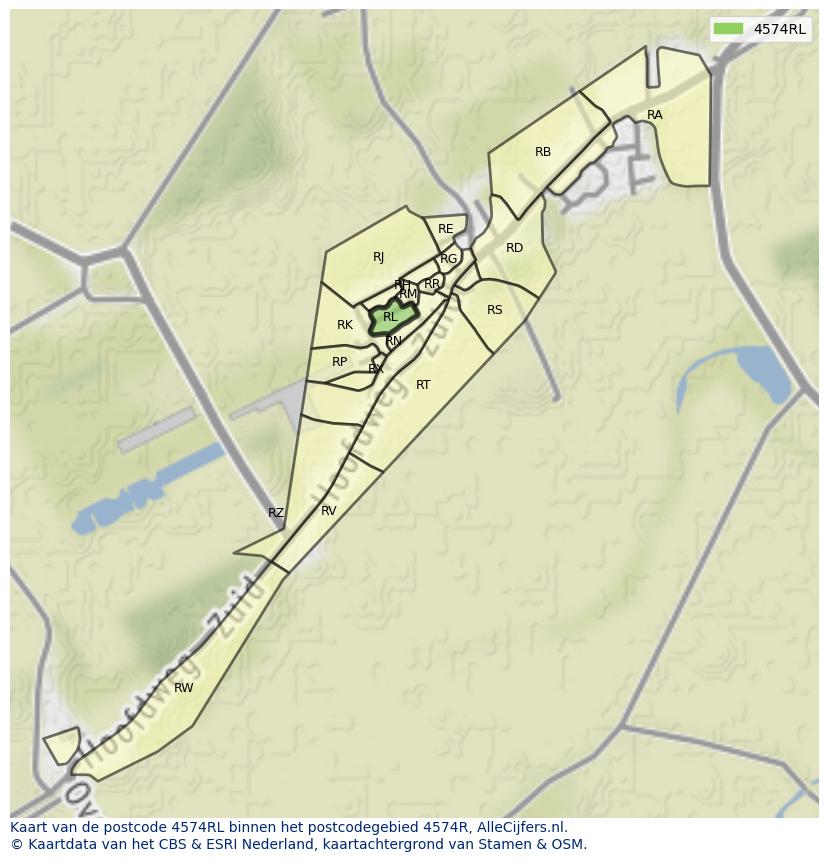 Afbeelding van het postcodegebied 4574 RL op de kaart.