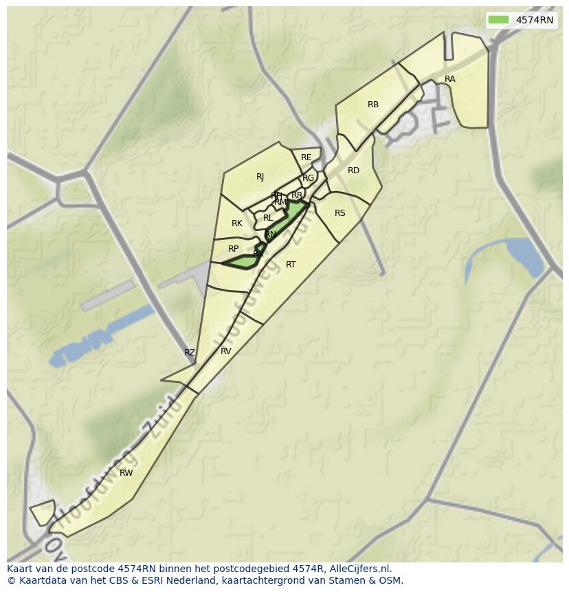 Afbeelding van het postcodegebied 4574 RN op de kaart.