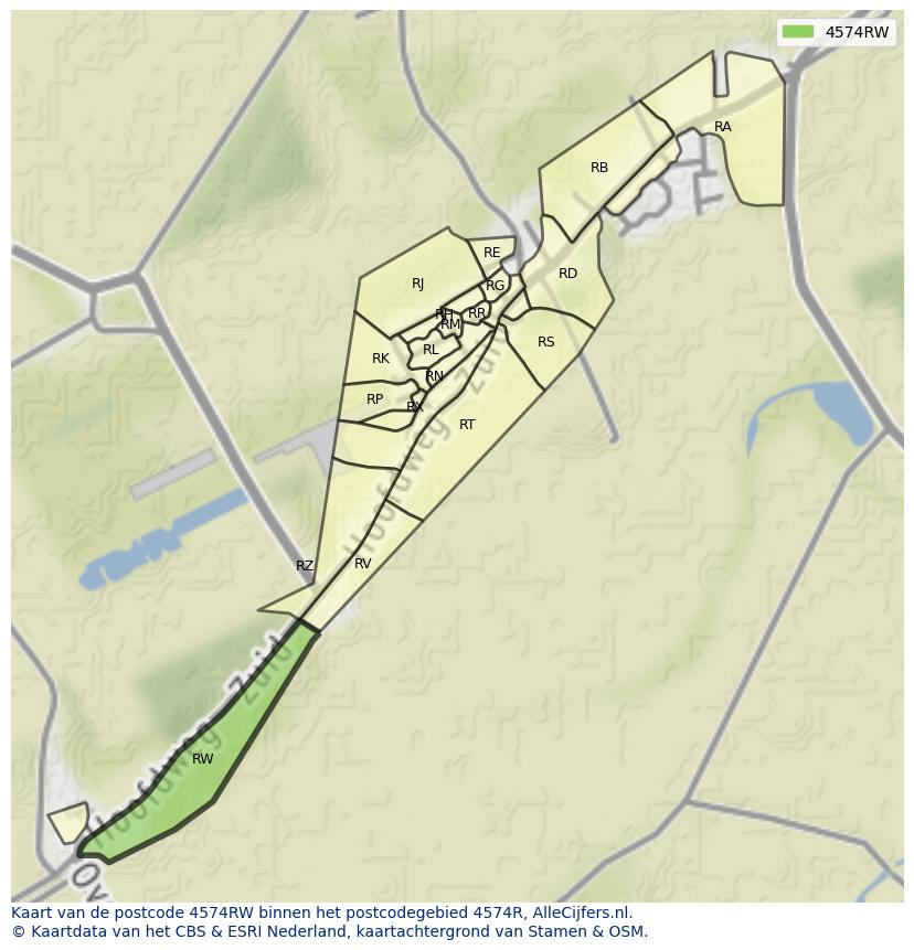 Afbeelding van het postcodegebied 4574 RW op de kaart.