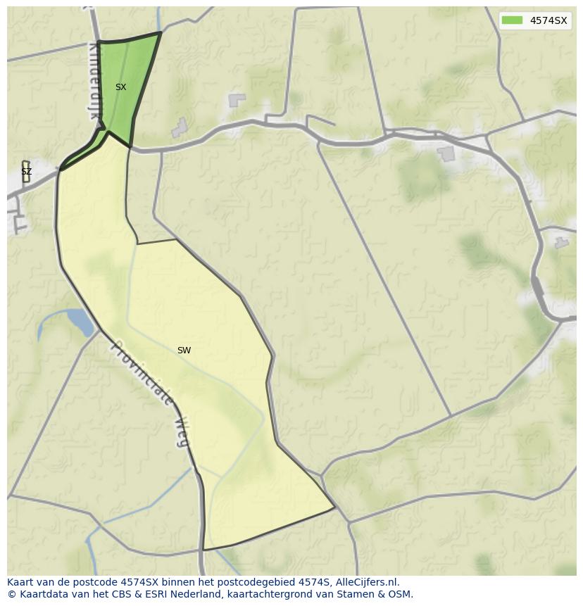 Afbeelding van het postcodegebied 4574 SX op de kaart.