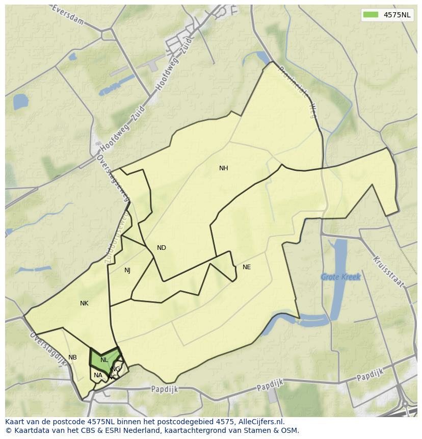 Afbeelding van het postcodegebied 4575 NL op de kaart.