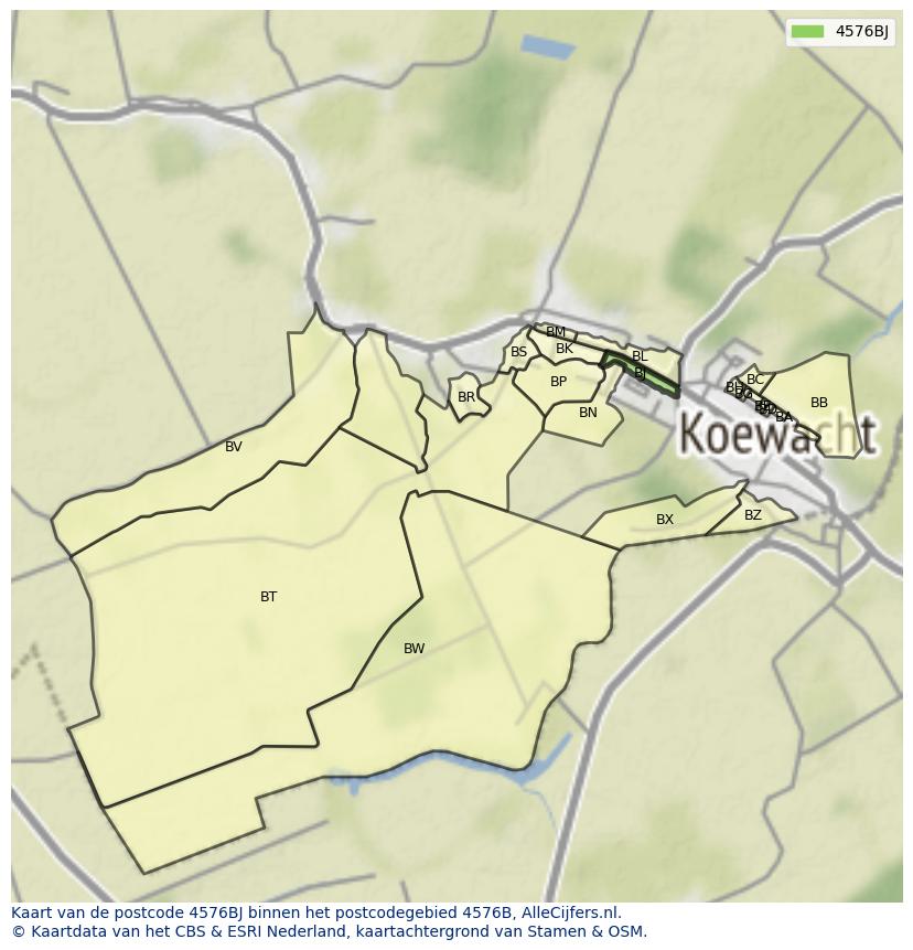 Afbeelding van het postcodegebied 4576 BJ op de kaart.