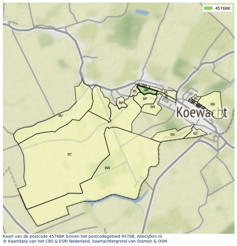 Afbeelding van het postcodegebied 4576 BK op de kaart.