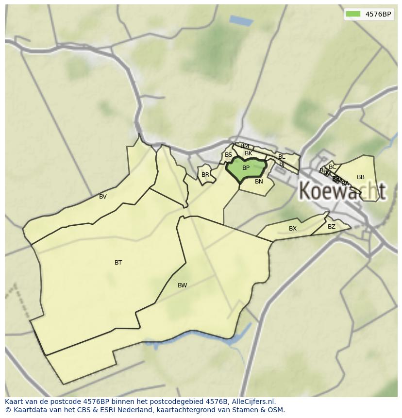 Afbeelding van het postcodegebied 4576 BP op de kaart.