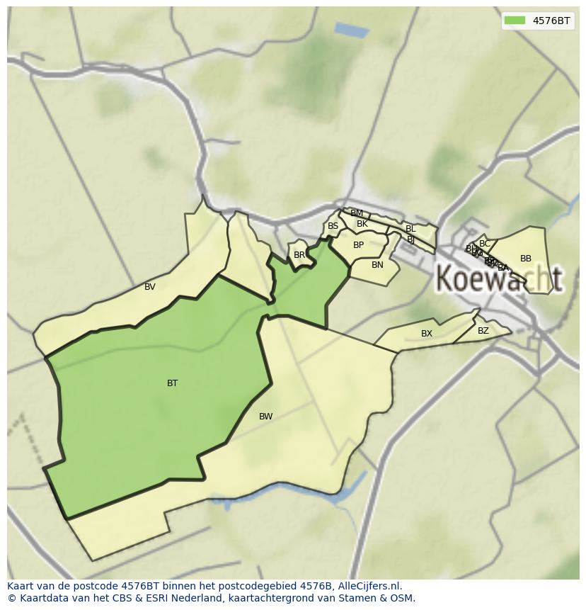 Afbeelding van het postcodegebied 4576 BT op de kaart.