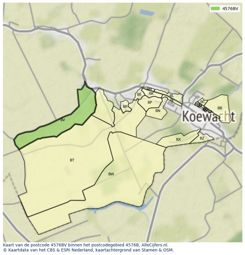 Afbeelding van het postcodegebied 4576 BV op de kaart.
