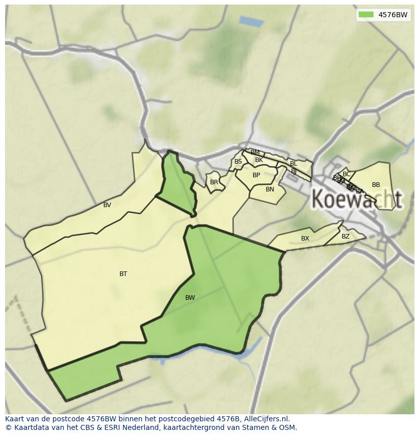 Afbeelding van het postcodegebied 4576 BW op de kaart.