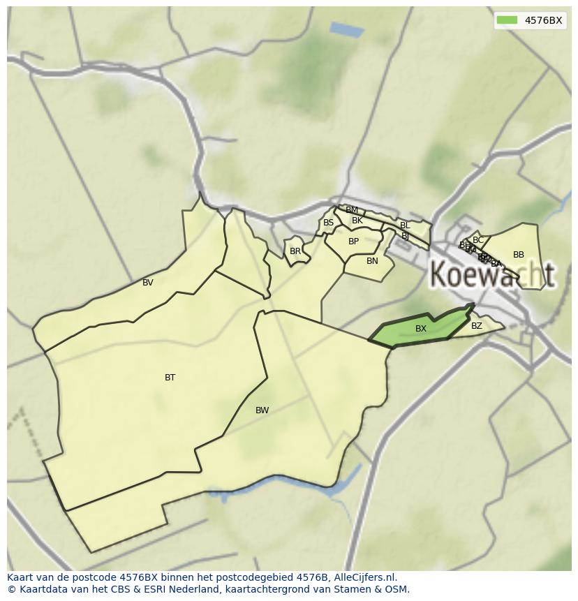 Afbeelding van het postcodegebied 4576 BX op de kaart.