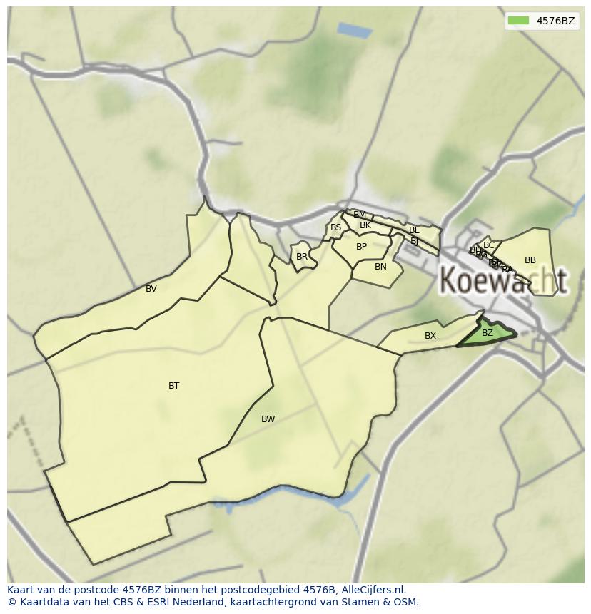 Afbeelding van het postcodegebied 4576 BZ op de kaart.